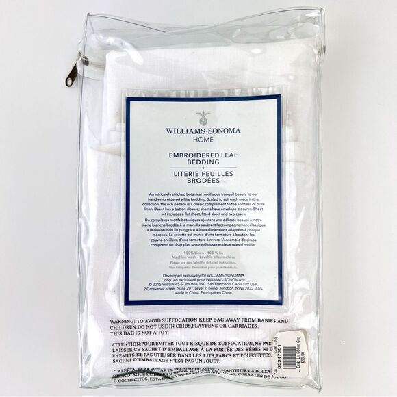 Williams Sonoma Embroidered Linen Leaf Pillowcase Standard White Green - Picture 2 of 6